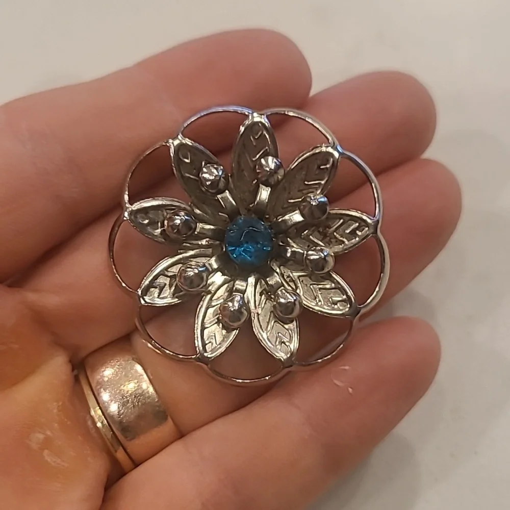 Vintage Silver Floral Brooch with Blue Gem